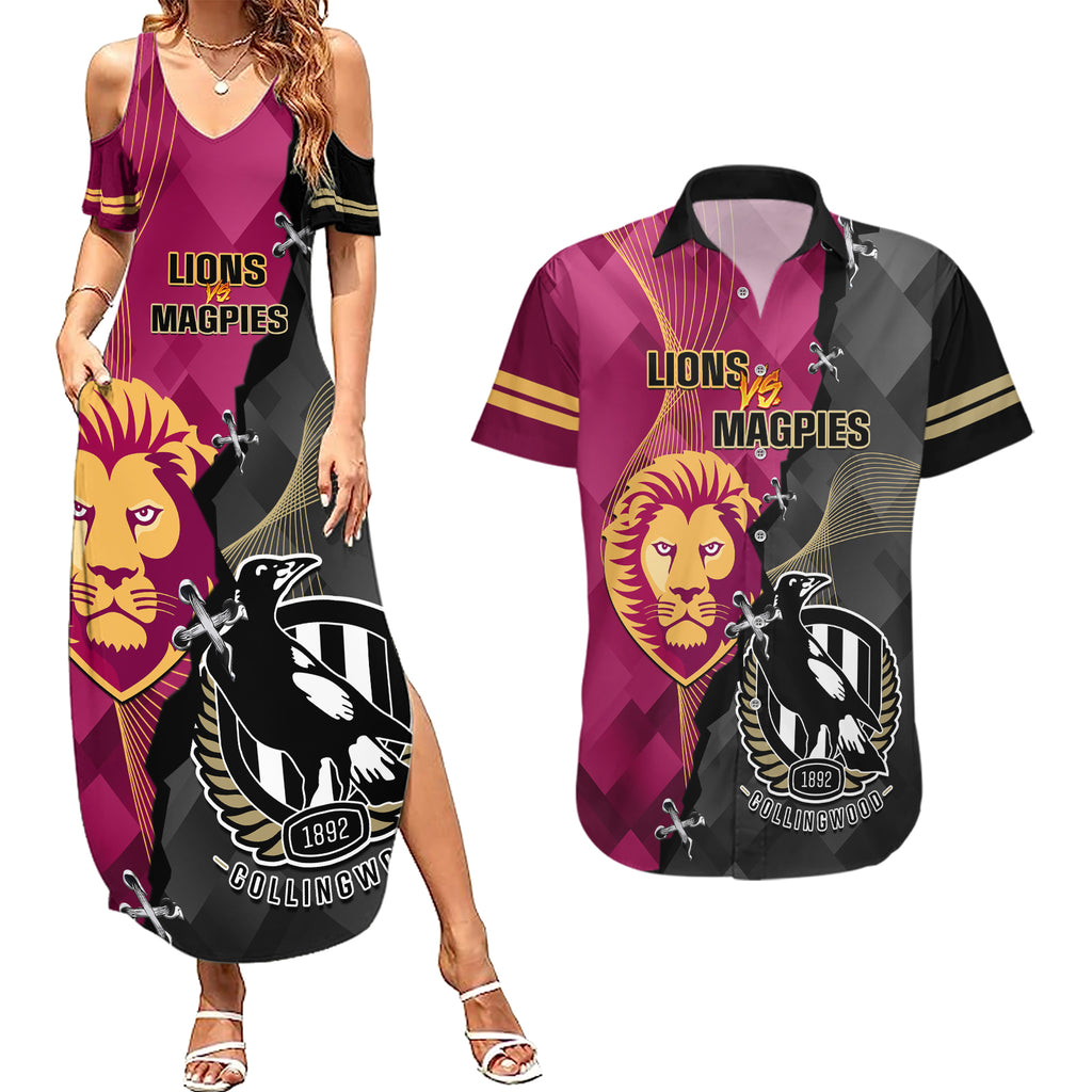 collingwood-and-lions-football-couples-matching-summer-maxi-dress-and-hawaiian-shirt-2023-grand-final-magpies-brisbane-together