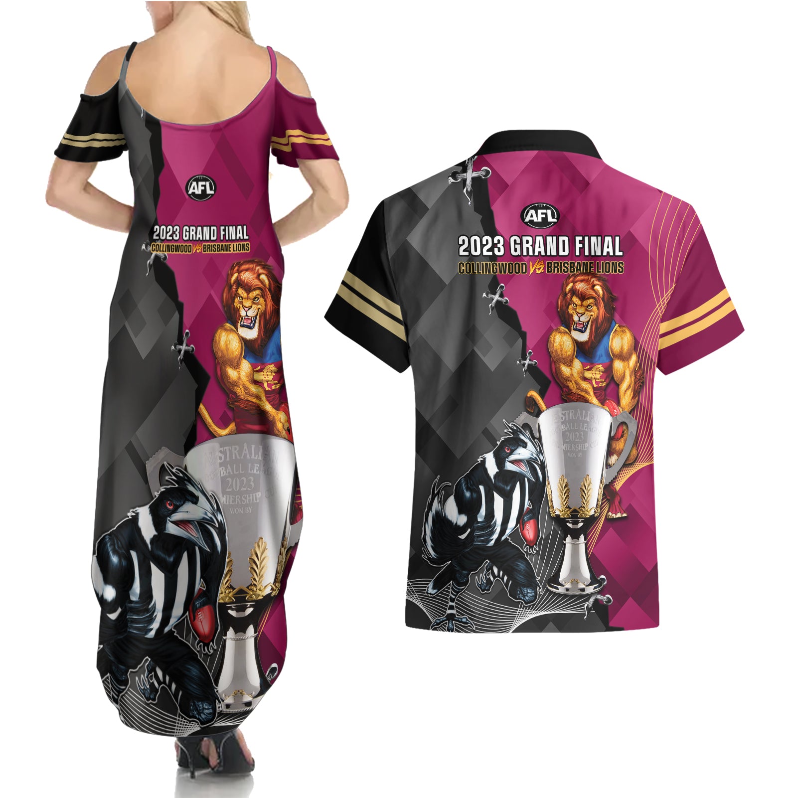 collingwood-and-lions-football-couples-matching-summer-maxi-dress-and-hawaiian-shirt-2023-grand-final-magpies-brisbane-together