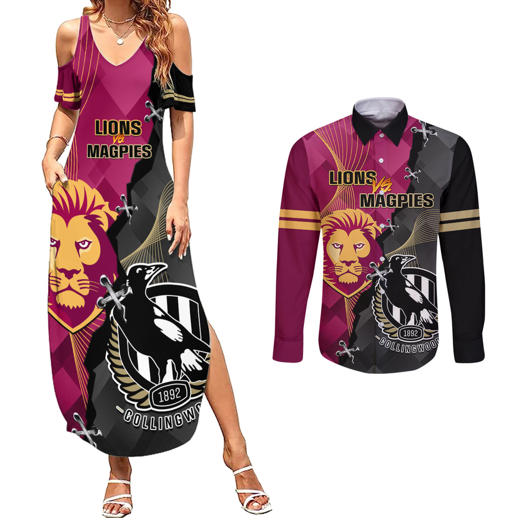 collingwood-and-lions-football-couples-matching-summer-maxi-dress-and-long-sleeve-button-shirts-2023-grand-final-magpies-brisbane-together
