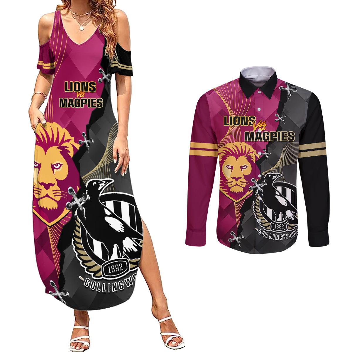 collingwood-and-lions-football-couples-matching-summer-maxi-dress-and-long-sleeve-button-shirts-2023-grand-final-magpies-brisbane-together