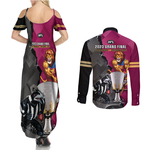 collingwood-and-lions-football-couples-matching-summer-maxi-dress-and-long-sleeve-button-shirts-2023-grand-final-magpies-brisbane-together