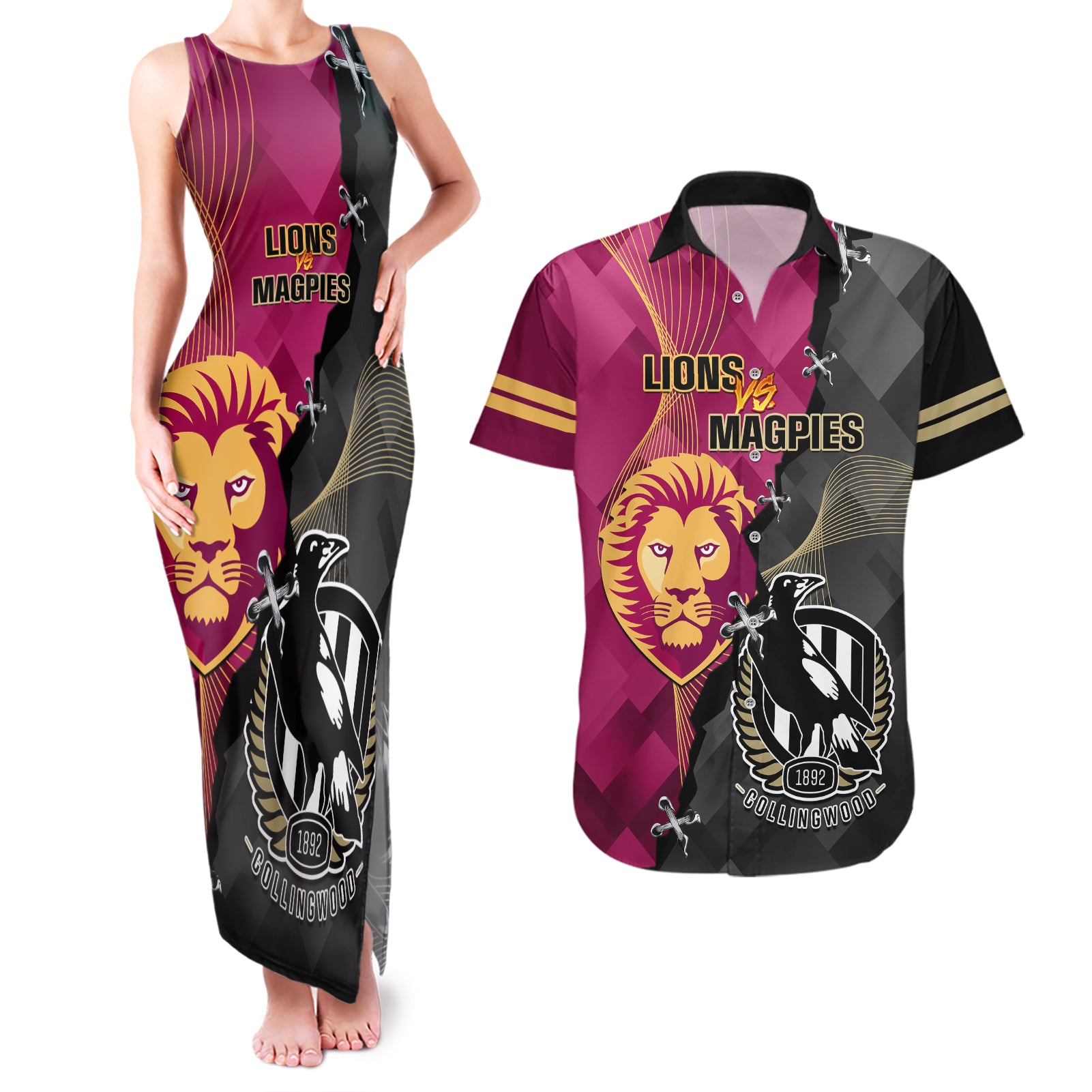 collingwood-and-lions-football-couples-matching-tank-maxi-dress-and-hawaiian-shirt-2023-grand-final-magpies-brisbane-together