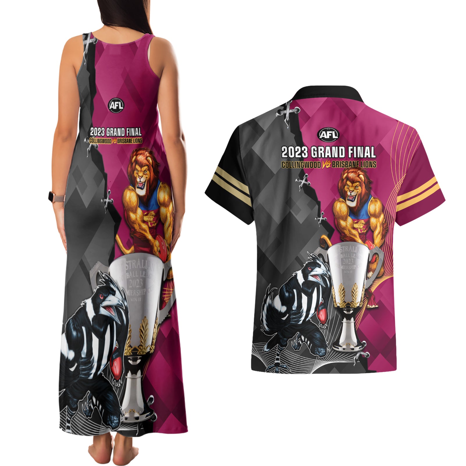 collingwood-and-lions-football-couples-matching-tank-maxi-dress-and-hawaiian-shirt-2023-grand-final-magpies-brisbane-together