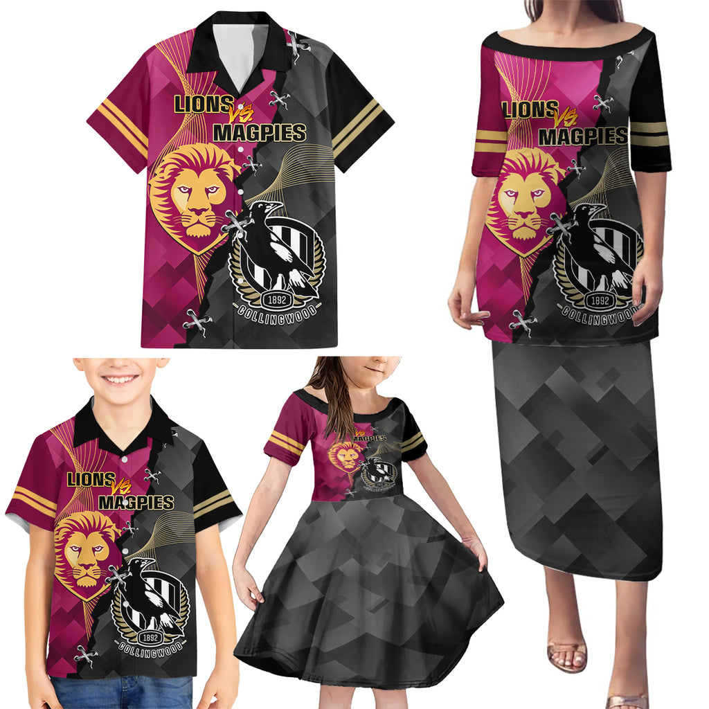 collingwood-and-lions-football-family-matching-puletasi-dress-and-hawaiian-shirt-2023-grand-final-magpies-brisbane-together