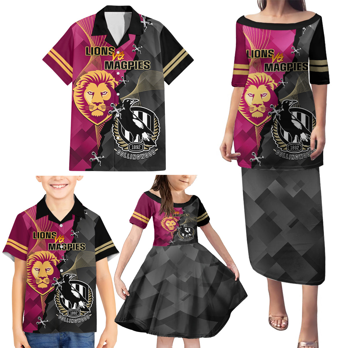 collingwood-and-lions-football-family-matching-puletasi-dress-and-hawaiian-shirt-2023-grand-final-magpies-brisbane-together