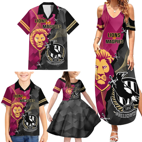collingwood-and-lions-football-family-matching-summer-maxi-dress-and-hawaiian-shirt-2023-grand-final-magpies-brisbane-together