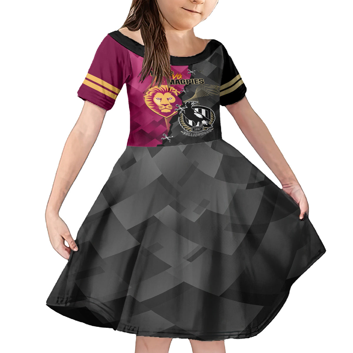 collingwood-and-lions-football-kid-short-sleeve-dress-2023-grand-final-magpies-brisbane-together