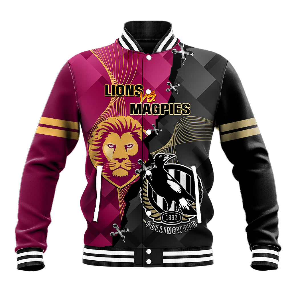 personalised-collingwood-and-lions-football-baseball-jacket-2023-grand-final-magpies-brisbane-together