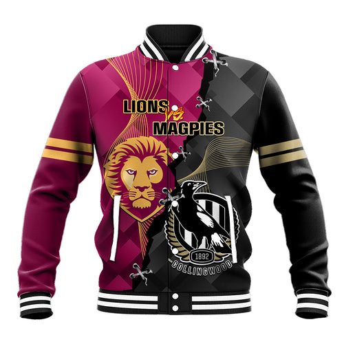 personalised-collingwood-and-lions-football-baseball-jacket-2023-grand-final-magpies-brisbane-together