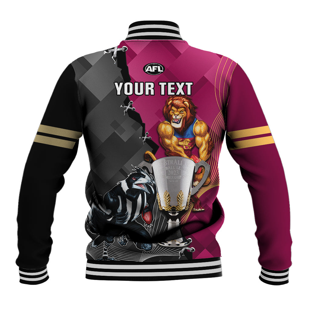 personalised-collingwood-and-lions-football-baseball-jacket-2023-grand-final-magpies-brisbane-together