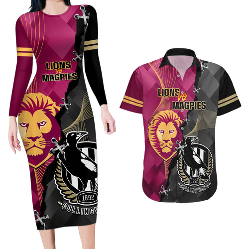 personalised-collingwood-and-lions-football-couples-matching-long-sleeve-bodycon-dress-and-hawaiian-shirt-2023-grand-final-magpies-brisbane-together
