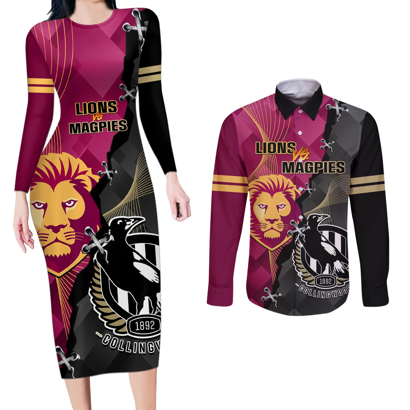 personalised-collingwood-and-lions-football-couples-matching-long-sleeve-bodycon-dress-and-long-sleeve-button-shirts-2023-grand-final-magpies-brisbane-together