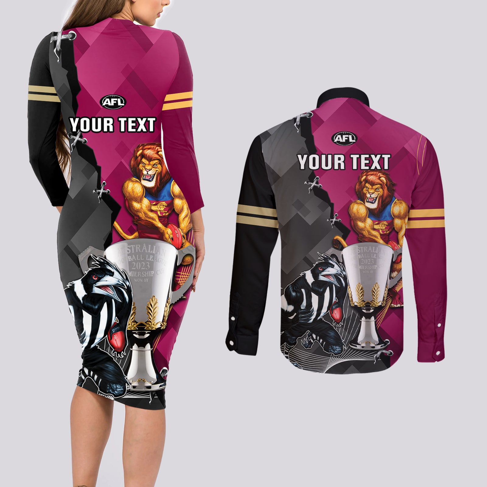 personalised-collingwood-and-lions-football-couples-matching-long-sleeve-bodycon-dress-and-long-sleeve-button-shirts-2023-grand-final-magpies-brisbane-together