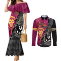 personalised-collingwood-and-lions-football-couples-matching-mermaid-dress-and-long-sleeve-button-shirts-2023-grand-final-magpies-brisbane-together