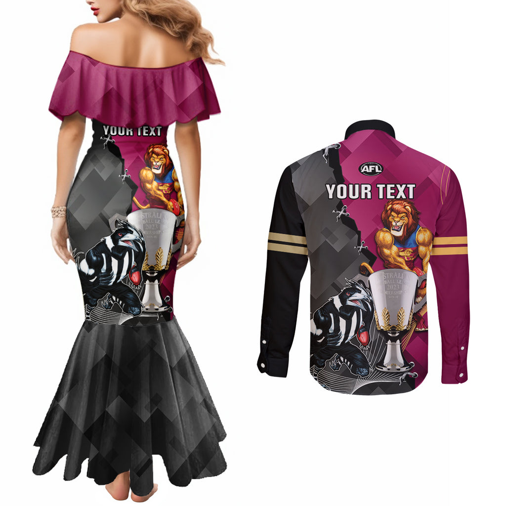 personalised-collingwood-and-lions-football-couples-matching-mermaid-dress-and-long-sleeve-button-shirts-2023-grand-final-magpies-brisbane-together