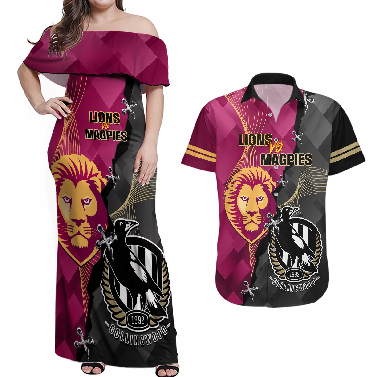 personalised-collingwood-and-lions-football-couples-matching-off-shoulder-maxi-dress-and-hawaiian-shirt-2023-grand-final-magpies-brisbane-together