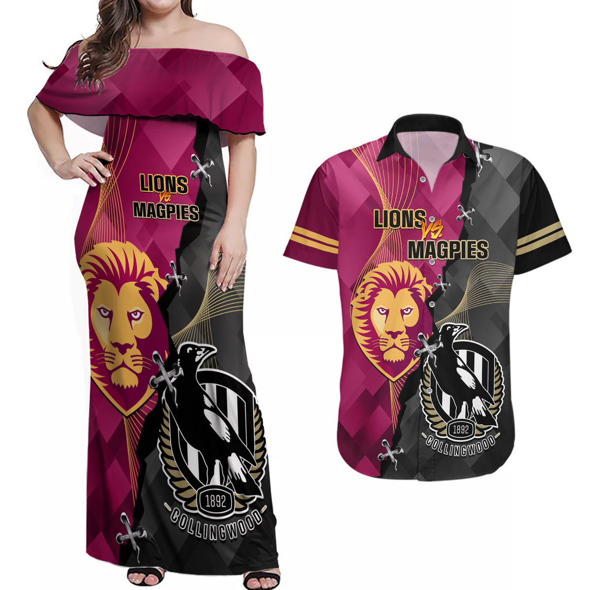 personalised-collingwood-and-lions-football-couples-matching-off-shoulder-maxi-dress-and-hawaiian-shirt-2023-grand-final-magpies-brisbane-together