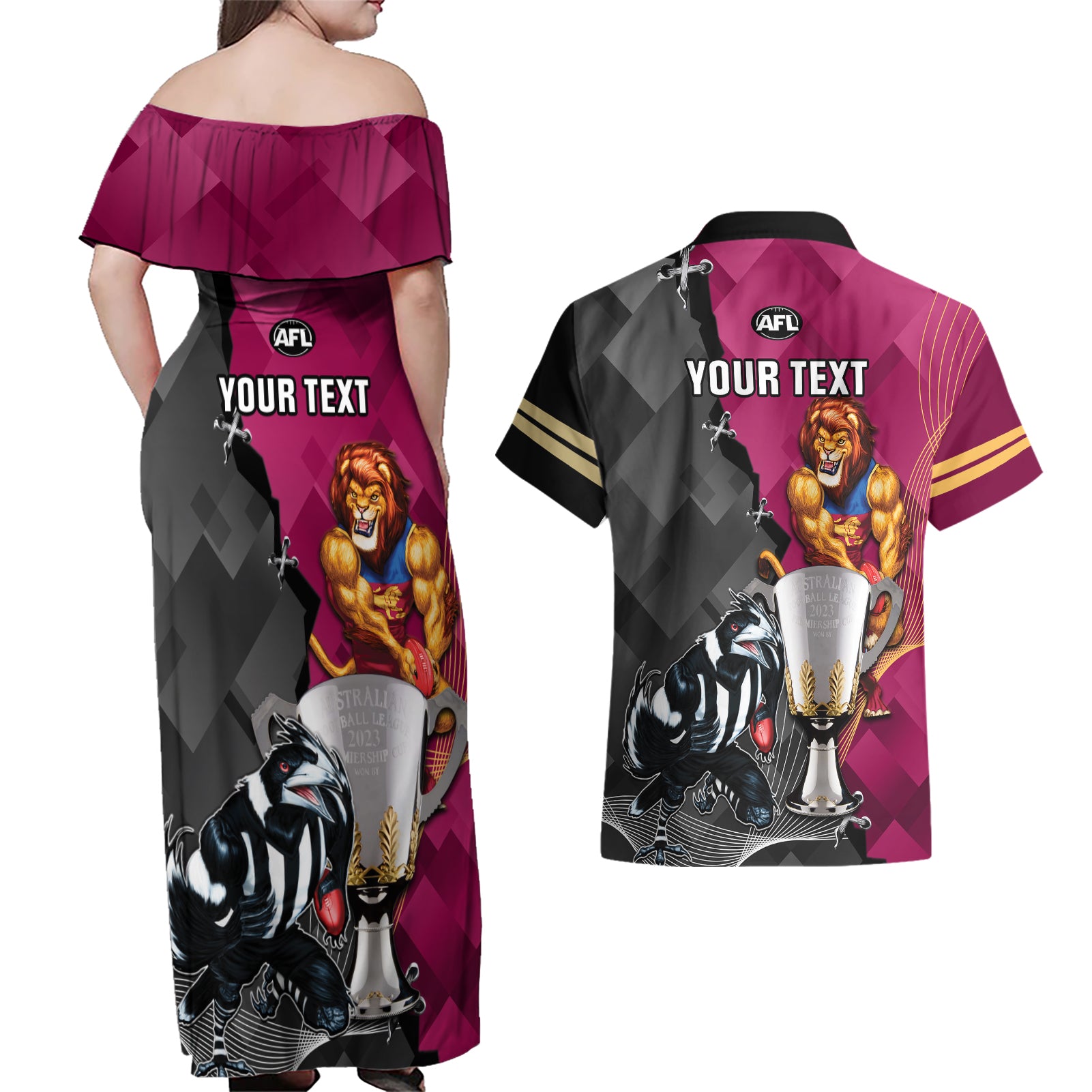 personalised-collingwood-and-lions-football-couples-matching-off-shoulder-maxi-dress-and-hawaiian-shirt-2023-grand-final-magpies-brisbane-together