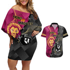 personalised-collingwood-and-lions-football-couples-matching-off-shoulder-short-dress-and-hawaiian-shirt-2023-grand-final-magpies-brisbane-together