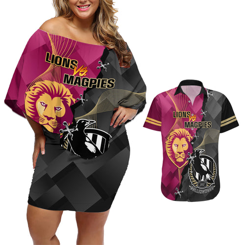 personalised-collingwood-and-lions-football-couples-matching-off-shoulder-short-dress-and-hawaiian-shirt-2023-grand-final-magpies-brisbane-together
