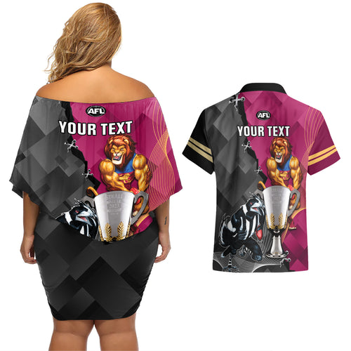 personalised-collingwood-and-lions-football-couples-matching-off-shoulder-short-dress-and-hawaiian-shirt-2023-grand-final-magpies-brisbane-together