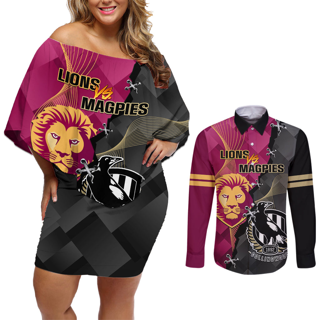 personalised-collingwood-and-lions-football-couples-matching-off-shoulder-short-dress-and-long-sleeve-button-shirts-2023-grand-final-magpies-brisbane-together