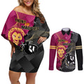 personalised-collingwood-and-lions-football-couples-matching-off-shoulder-short-dress-and-long-sleeve-button-shirts-2023-grand-final-magpies-brisbane-together