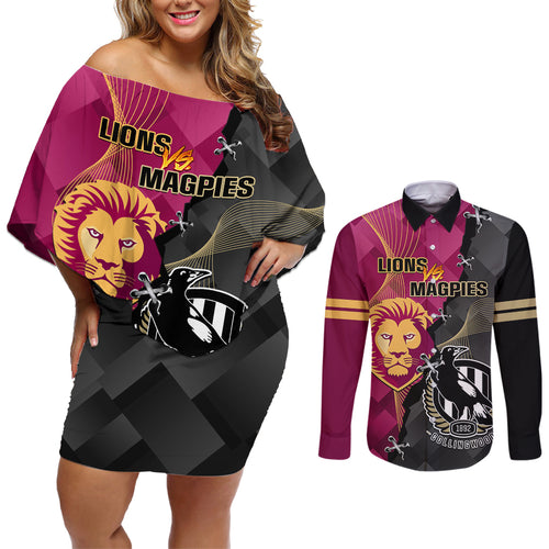 personalised-collingwood-and-lions-football-couples-matching-off-shoulder-short-dress-and-long-sleeve-button-shirts-2023-grand-final-magpies-brisbane-together