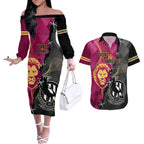 personalised-collingwood-and-lions-football-couples-matching-off-the-shoulder-long-sleeve-dress-and-hawaiian-shirt-2023-grand-final-magpies-brisbane-together