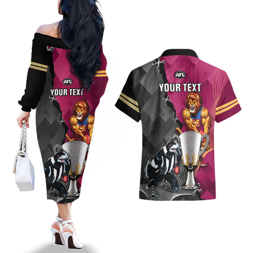 personalised-collingwood-and-lions-football-couples-matching-off-the-shoulder-long-sleeve-dress-and-hawaiian-shirt-2023-grand-final-magpies-brisbane-together