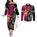 personalised-collingwood-and-lions-football-couples-matching-off-the-shoulder-long-sleeve-dress-and-long-sleeve-button-shirts-2023-grand-final-magpies-brisbane-together