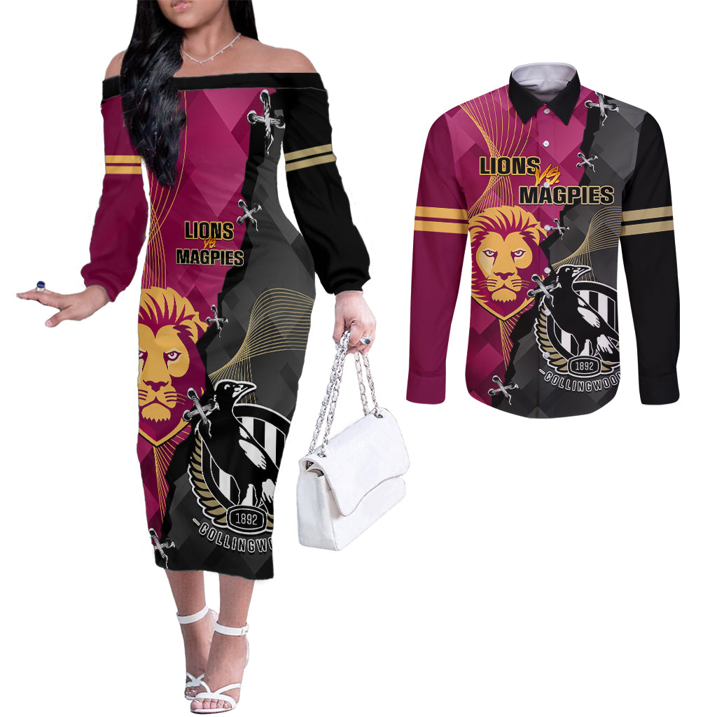 personalised-collingwood-and-lions-football-couples-matching-off-the-shoulder-long-sleeve-dress-and-long-sleeve-button-shirts-2023-grand-final-magpies-brisbane-together