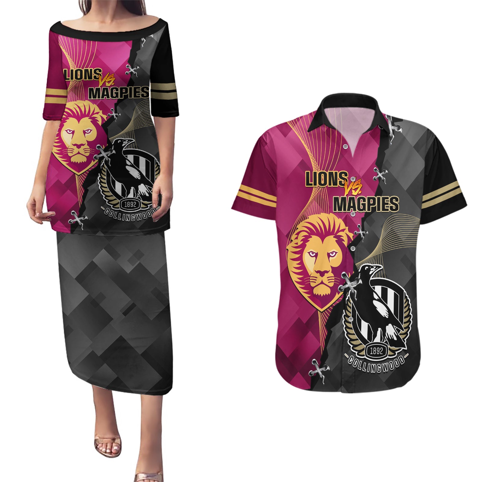 personalised-collingwood-and-lions-football-couples-matching-puletasi-dress-and-hawaiian-shirt-2023-grand-final-magpies-brisbane-together