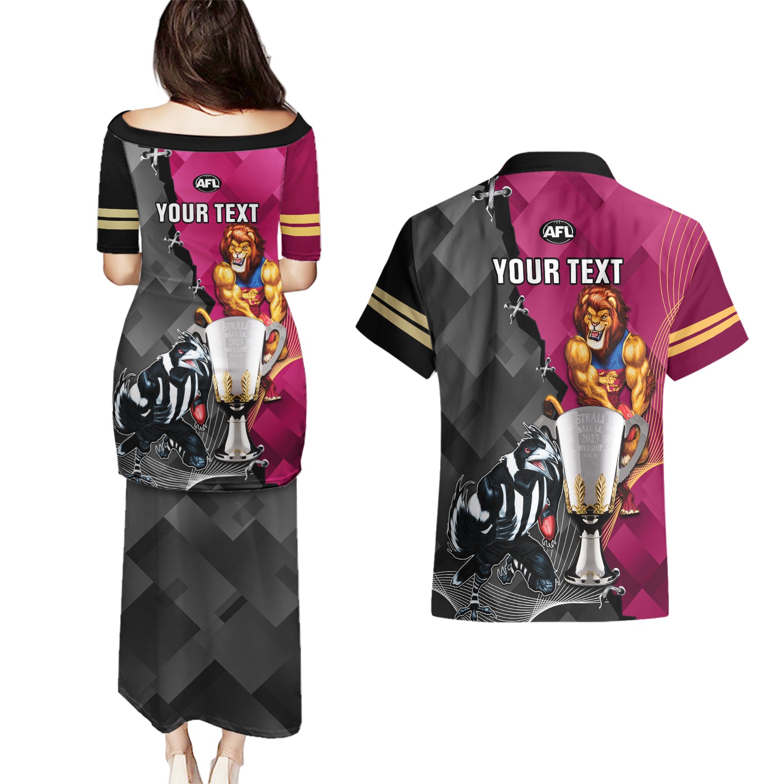 personalised-collingwood-and-lions-football-couples-matching-puletasi-dress-and-hawaiian-shirt-2023-grand-final-magpies-brisbane-together