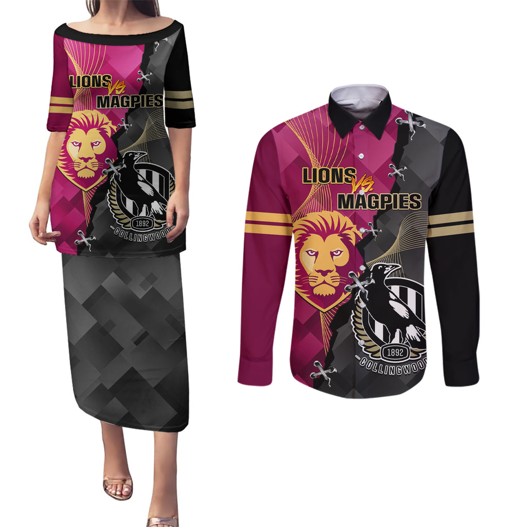 personalised-collingwood-and-lions-football-couples-matching-puletasi-dress-and-long-sleeve-button-shirts-2023-grand-final-magpies-brisbane-together