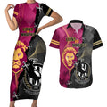 personalised-collingwood-and-lions-football-couples-matching-short-sleeve-bodycon-dress-and-hawaiian-shirt-2023-grand-final-magpies-brisbane-together