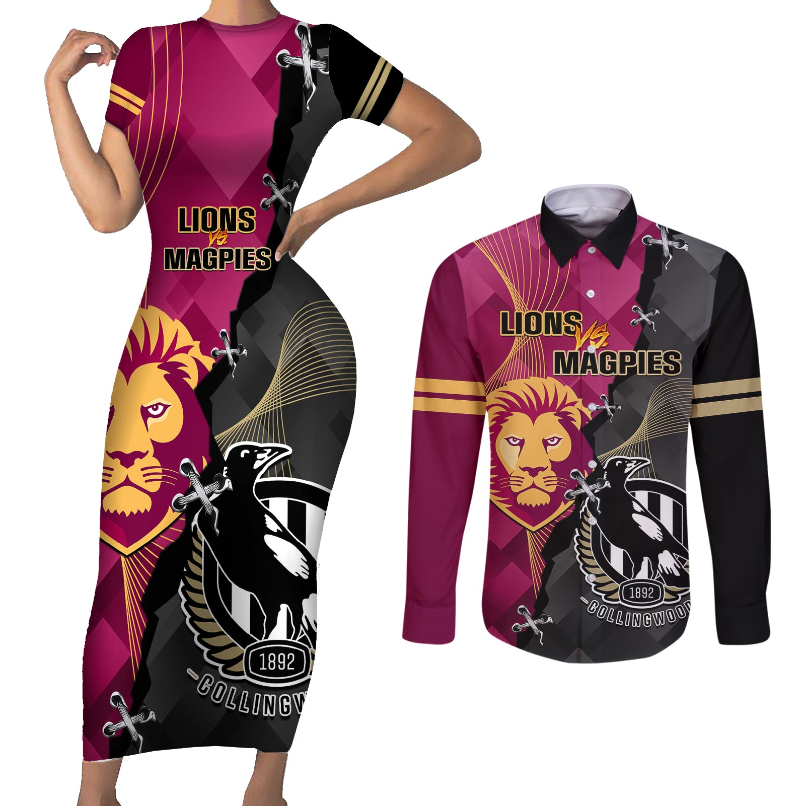 personalised-collingwood-and-lions-football-couples-matching-short-sleeve-bodycon-dress-and-long-sleeve-button-shirts-2023-grand-final-magpies-brisbane-together