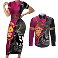 personalised-collingwood-and-lions-football-couples-matching-short-sleeve-bodycon-dress-and-long-sleeve-button-shirts-2023-grand-final-magpies-brisbane-together