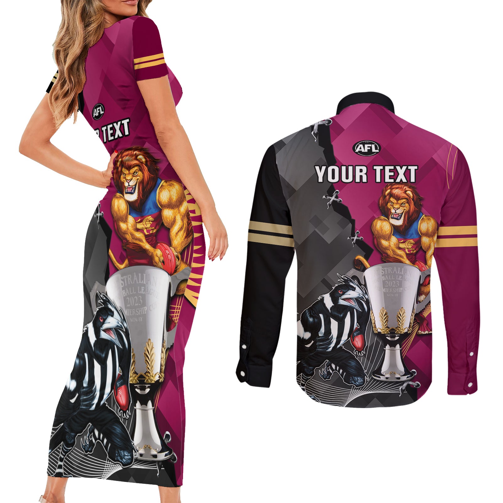 personalised-collingwood-and-lions-football-couples-matching-short-sleeve-bodycon-dress-and-long-sleeve-button-shirts-2023-grand-final-magpies-brisbane-together