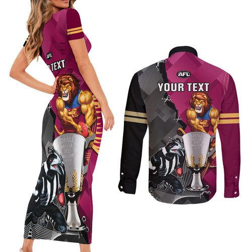 personalised-collingwood-and-lions-football-couples-matching-short-sleeve-bodycon-dress-and-long-sleeve-button-shirts-2023-grand-final-magpies-brisbane-together
