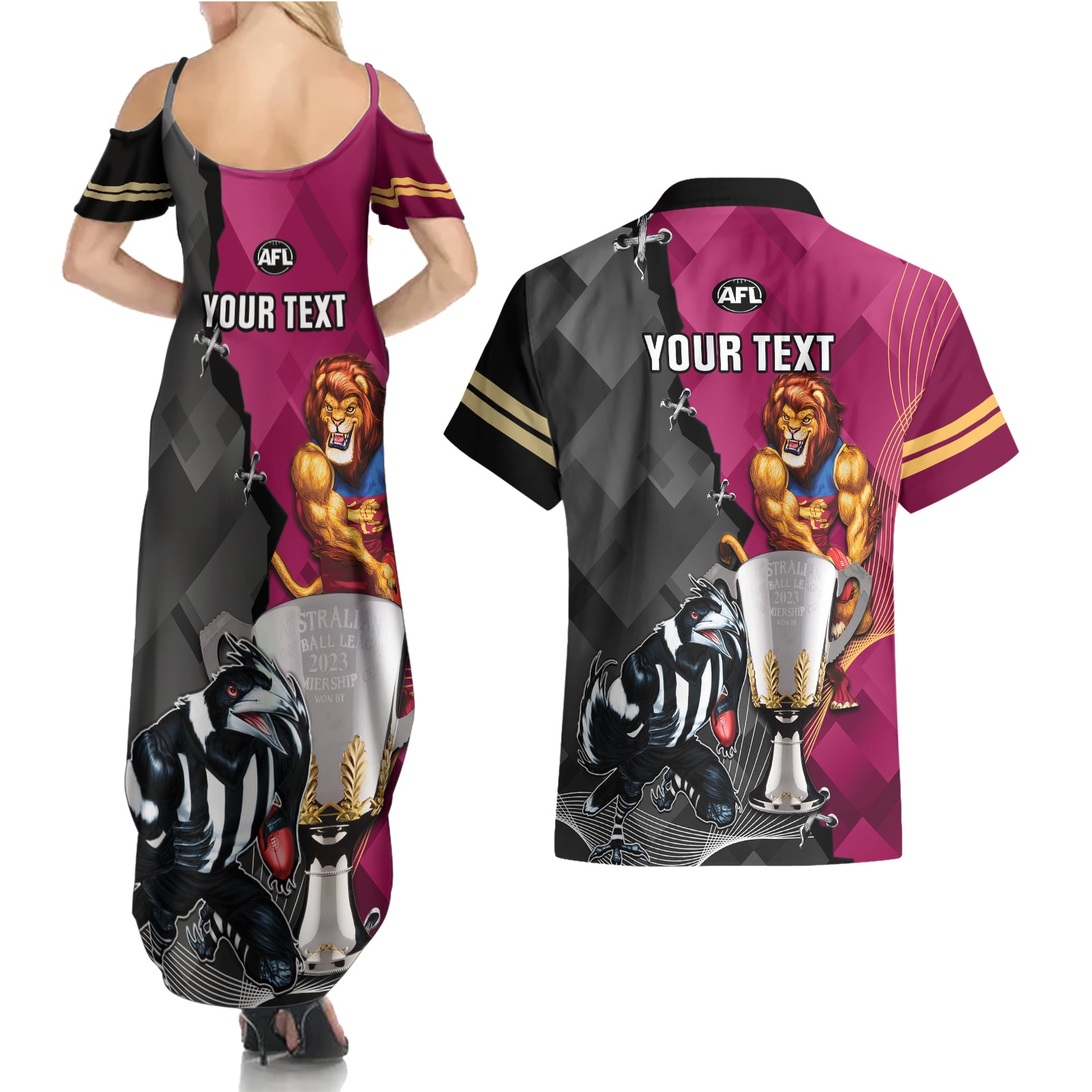 personalised-collingwood-and-lions-football-couples-matching-summer-maxi-dress-and-hawaiian-shirt-2023-grand-final-magpies-brisbane-together