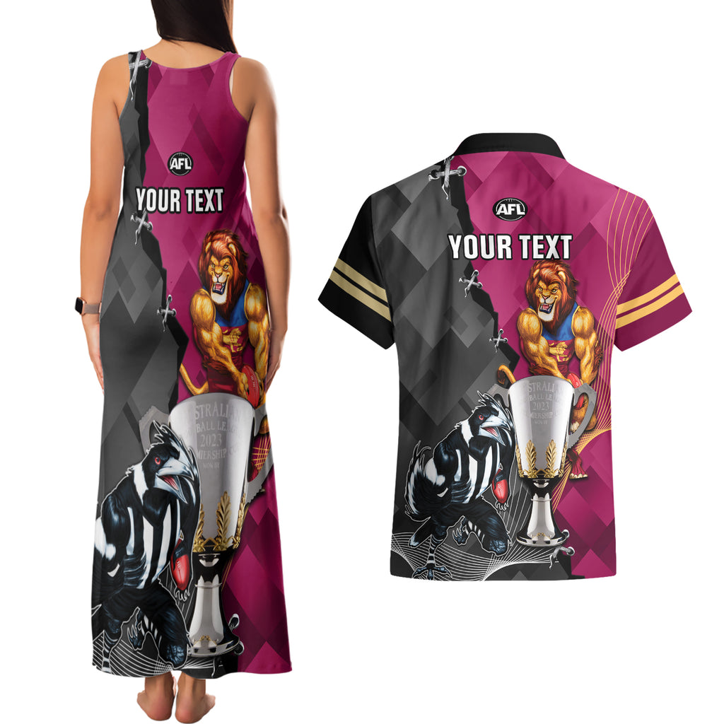personalised-collingwood-and-lions-football-couples-matching-tank-maxi-dress-and-hawaiian-shirt-2023-grand-final-magpies-brisbane-together