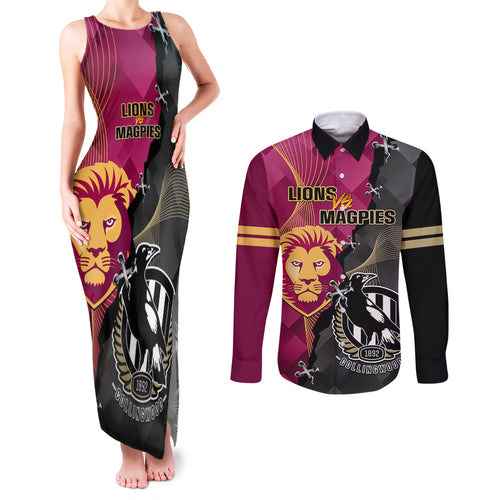 personalised-collingwood-and-lions-football-couples-matching-tank-maxi-dress-and-long-sleeve-button-shirts-2023-grand-final-magpies-brisbane-together
