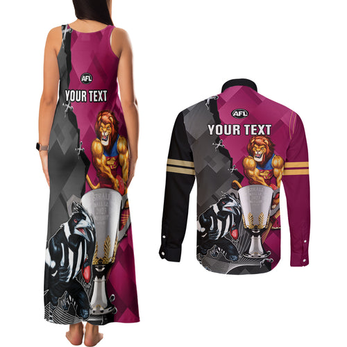 personalised-collingwood-and-lions-football-couples-matching-tank-maxi-dress-and-long-sleeve-button-shirts-2023-grand-final-magpies-brisbane-together
