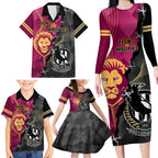 personalised-collingwood-and-lions-football-family-matching-long-sleeve-bodycon-dress-and-hawaiian-shirt-2023-grand-final-magpies-brisbane-together