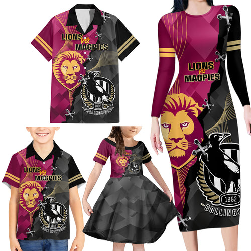 personalised-collingwood-and-lions-football-family-matching-long-sleeve-bodycon-dress-and-hawaiian-shirt-2023-grand-final-magpies-brisbane-together
