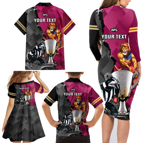personalised-collingwood-and-lions-football-family-matching-long-sleeve-bodycon-dress-and-hawaiian-shirt-2023-grand-final-magpies-brisbane-together