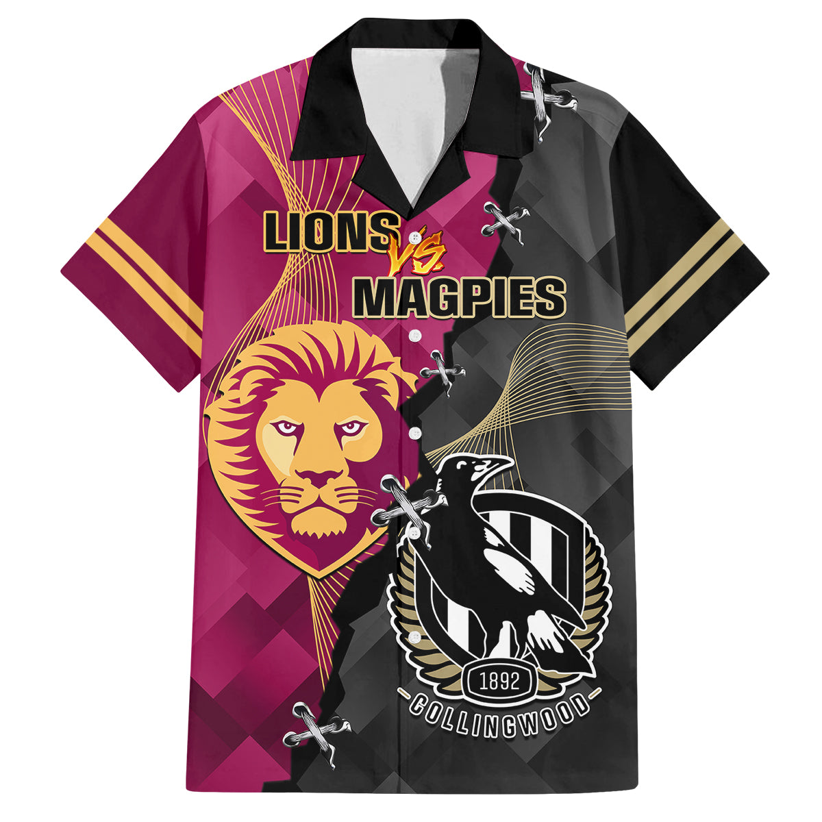 personalised-collingwood-and-lions-football-family-matching-long-sleeve-bodycon-dress-and-hawaiian-shirt-2023-grand-final-magpies-brisbane-together