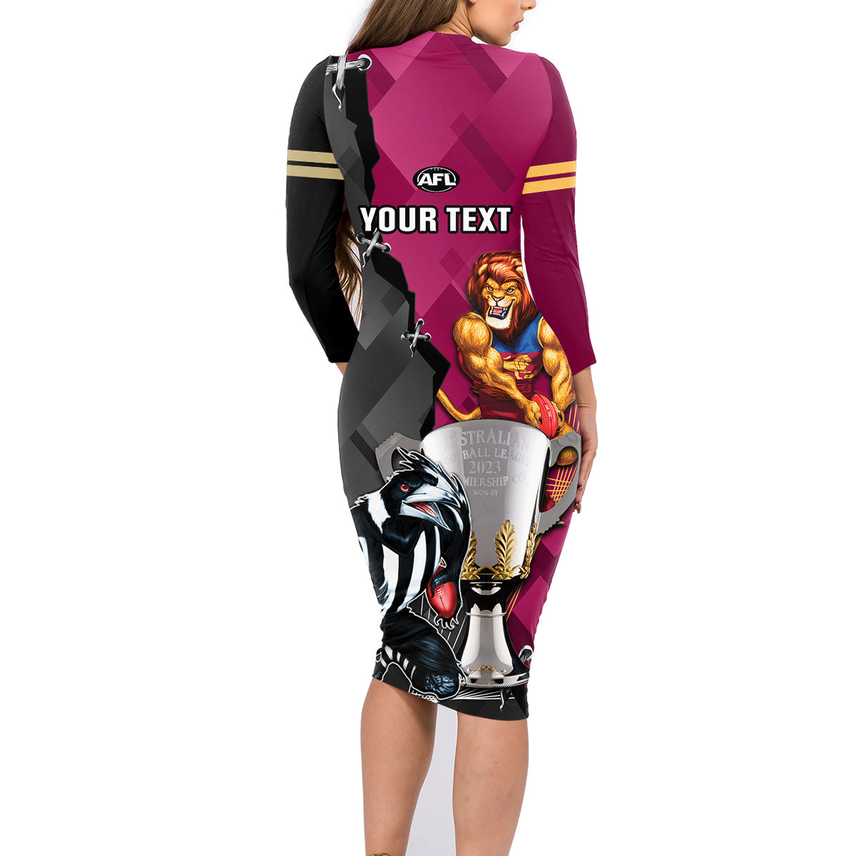 personalised-collingwood-and-lions-football-family-matching-long-sleeve-bodycon-dress-and-hawaiian-shirt-2023-grand-final-magpies-brisbane-together