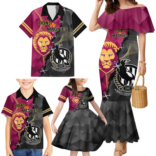 personalised-collingwood-and-lions-football-family-matching-mermaid-dress-and-hawaiian-shirt-2023-grand-final-magpies-brisbane-together